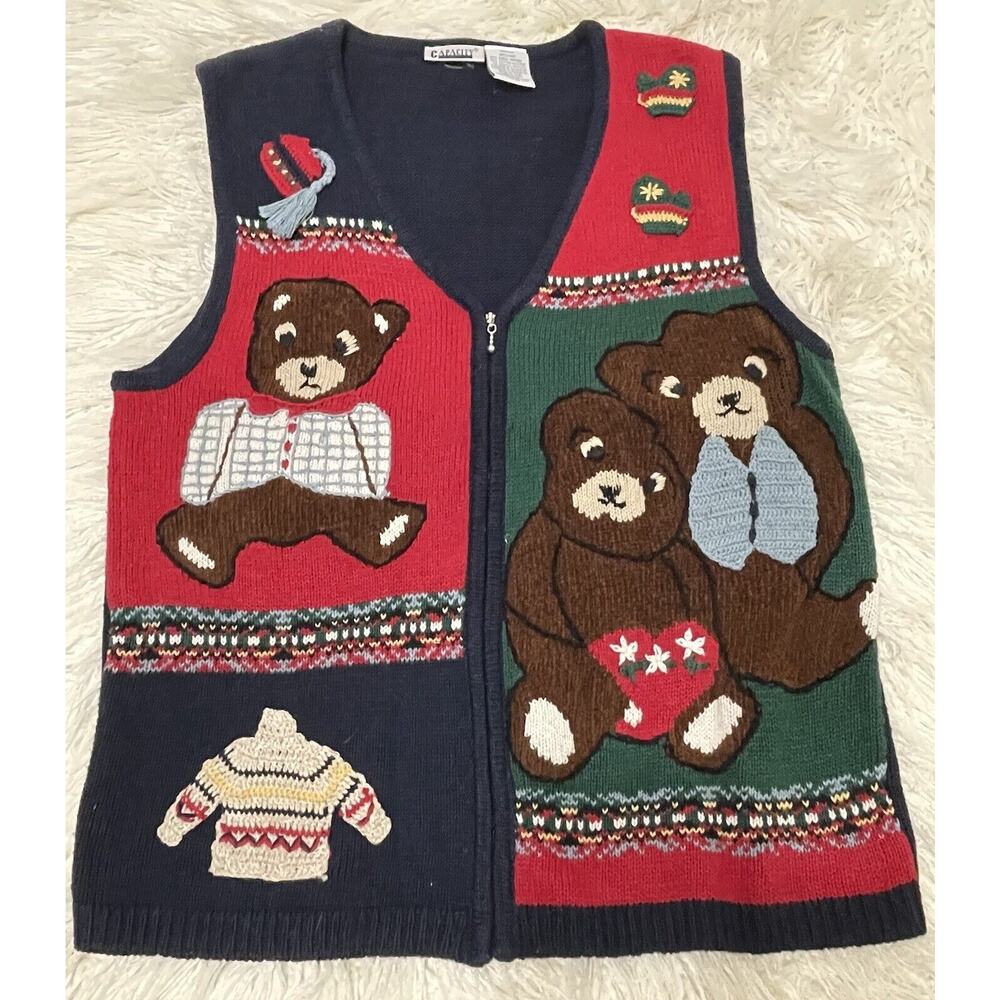 Teddy Bears Sweater Vest Vintage novelty Medium Funny Ugly